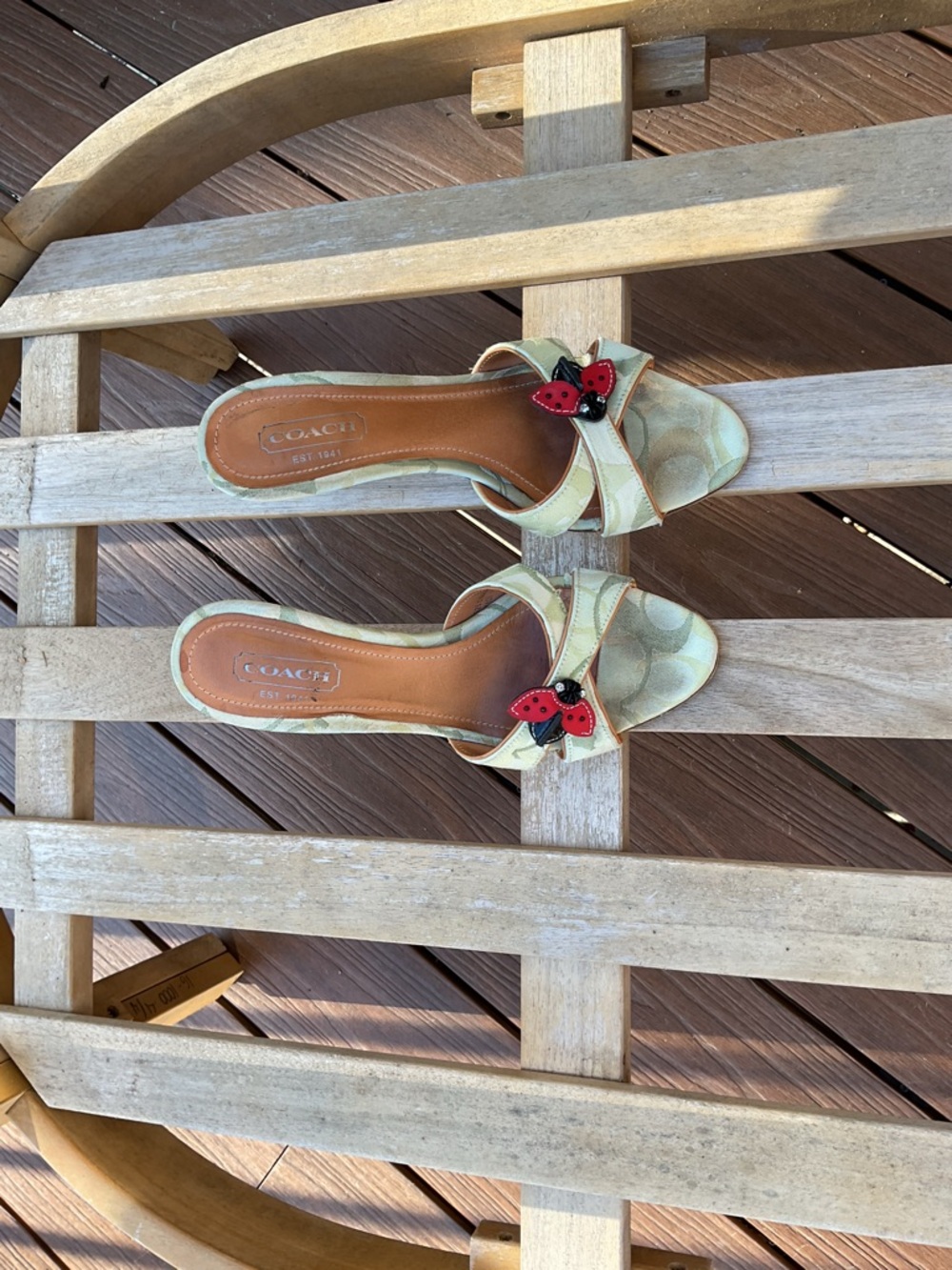 Coach Light Green Signature Slide Mules with Red Ladybug Accent